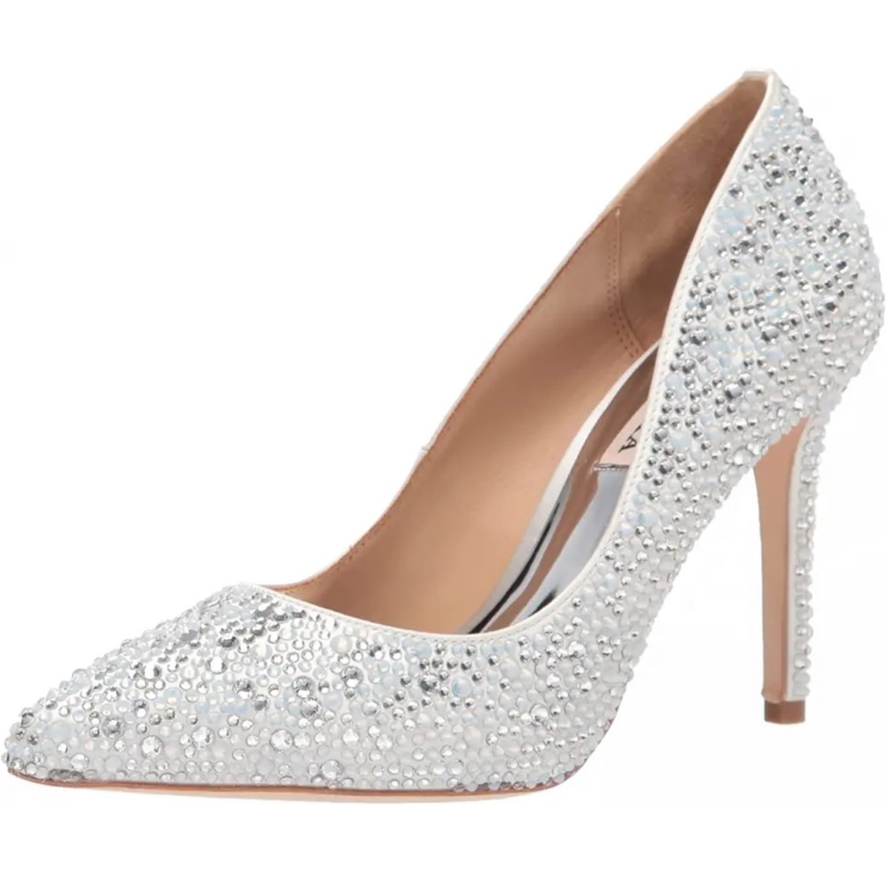 Badgley Mischka Women's Bethany Pointed High Heels White Satin Rhinestones Sz 6